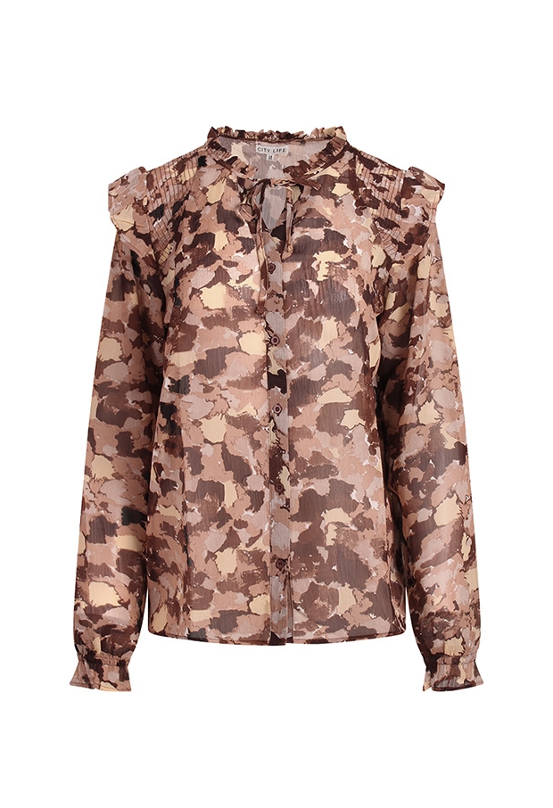 Citylife Dames Tops lange mouw bruin W20566/Ysra ruffle Citylife Dames Tops lange mouw bruin W20566/Ysra ruffle