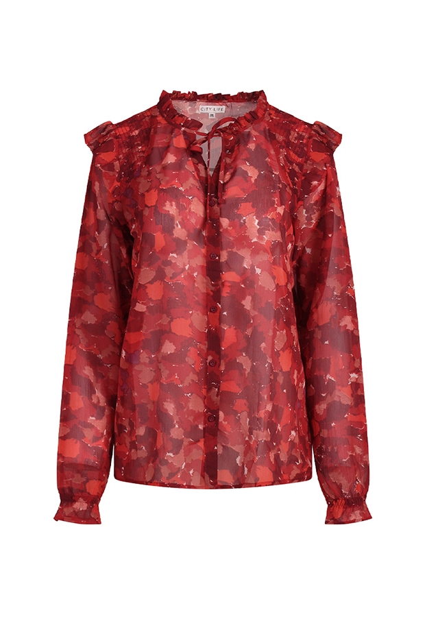 Citylife Dames Tops lange mouw rood W20566/Ysra ruffle